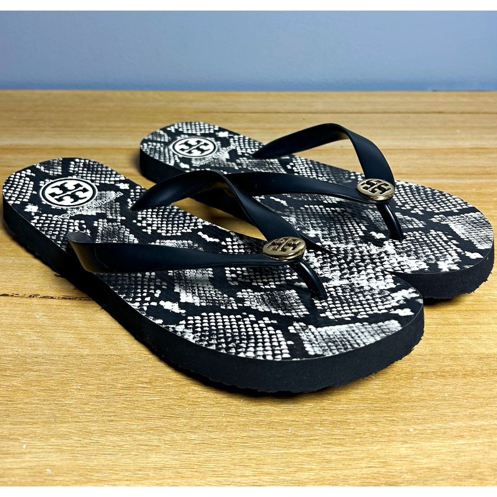 Tory Burch Black White Snake Print Gold Logo Medallion Slip On Flip Flop Sandals
